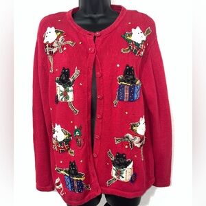 Tiara International vintage red cottagecore dog present button down sweater